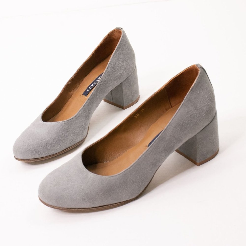 Margaux Handmade Suede Shoe Chunky Block Heel Round Toe: Grey Sz 36 M